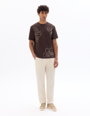 T-shirt boxy col rond 100% coton broderies fleurs - marron