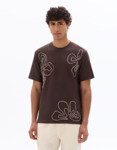 T-shirt boxy col rond 100% coton broderies fleurs - marron