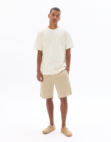 T-shirt boxy col rond 100% coton broderies fleurs - blanc