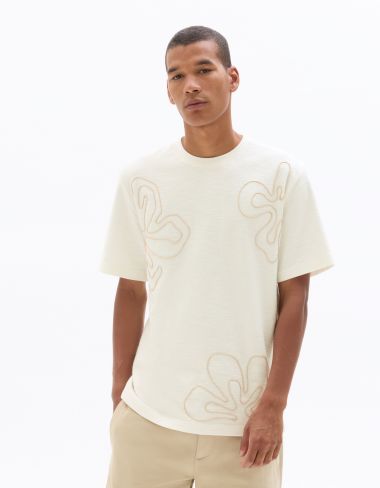 T-shirt boxy col rond 100% coton broderies fleurs - blanc