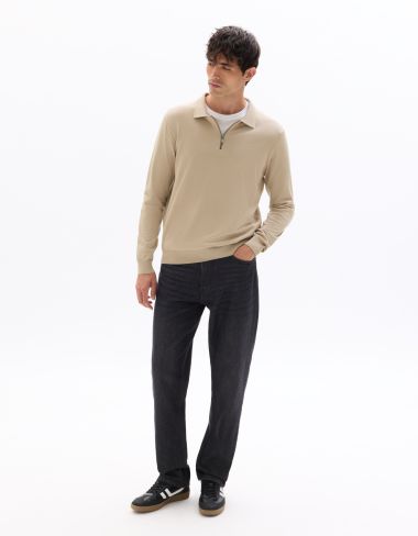 Pull regular col polo en maille fine - beige