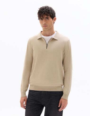 Pull regular col polo en maille fine - beige
