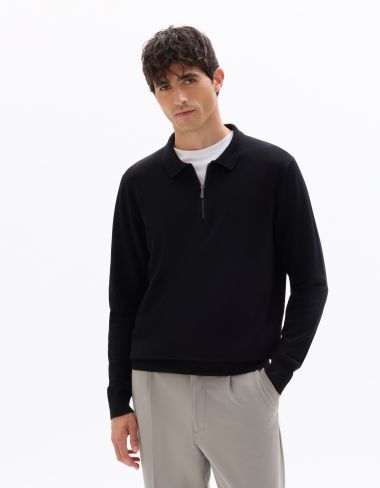 Pull regular col polo en maille fine - noir
