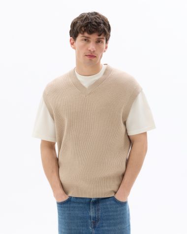 Pull côtelé sans manches relax - beige