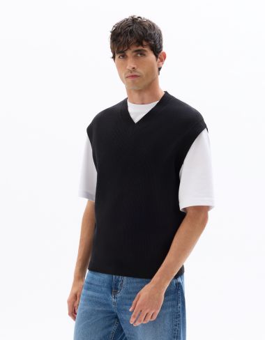 Pull côtelé sans manches relax - noir