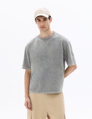T-shirt boxy col rond 100% coton Tye and Dye - gris clair