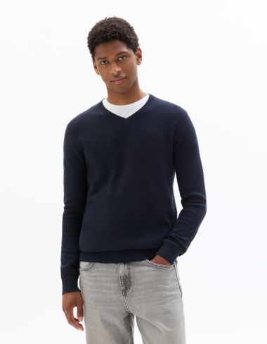 Pull slim col V 100% coton piqué biologique - bleu marine