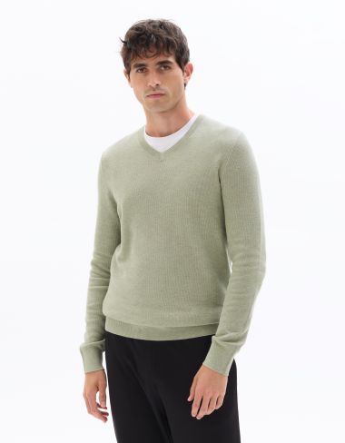 Pull slim col V 100% coton piqué biologique - vert