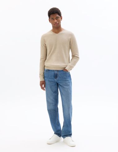 Pull slim col V 100% coton piqué biologique - beige