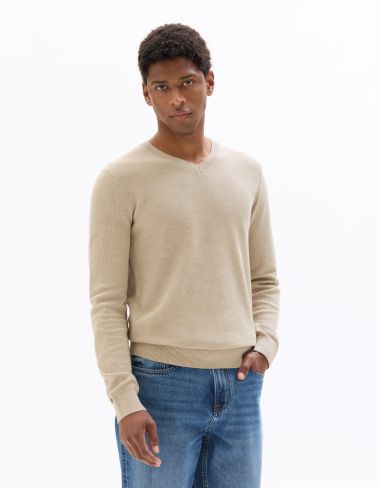 Pull slim col V 100% coton piqué biologique - beige