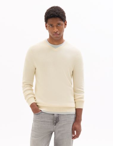 Pull slim col V 100% coton piqué biologique - blanc