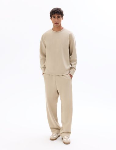 Sweat loose col rond en interlock - beige