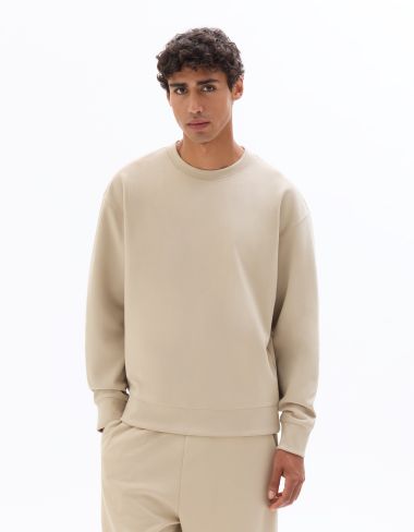 Sweat loose col rond en interlock - beige