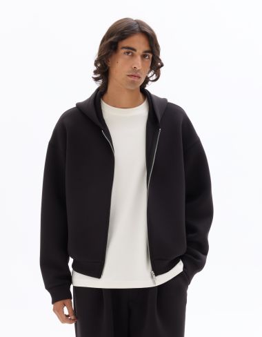 Sweat zippé à capuche oversize crop en scuba - noir