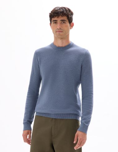Pull col rond 100% coton piqué - bleu moyen