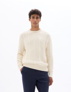 Pull torsadé col rond en coton mélangé - écru