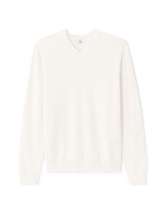 Pull col V unie en maille fine - blanc