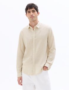 Chemise regular à col français en lin et coton - naturel rayée