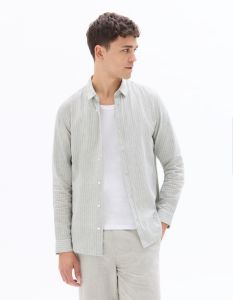 Chemise regular à col français en lin et coton - vert rayée