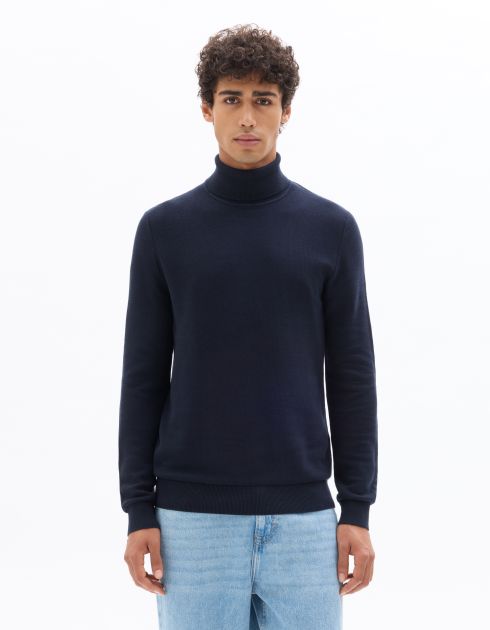 Pull piqué col roulé 100% coton - marine