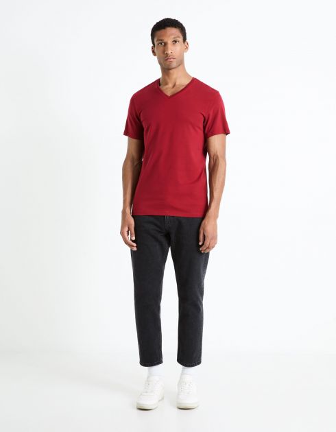 T-shirt col V coton stretch - bordeaux