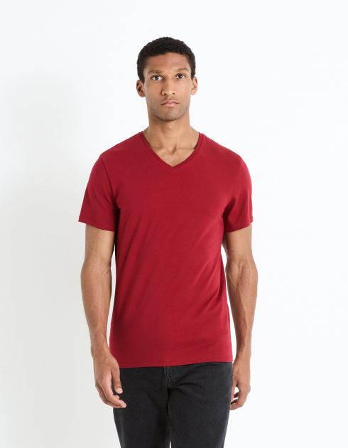 T-shirt col V coton stretch - bordeaux