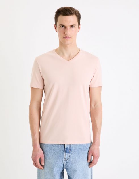 T-shirt col V slim stretch - rose clair