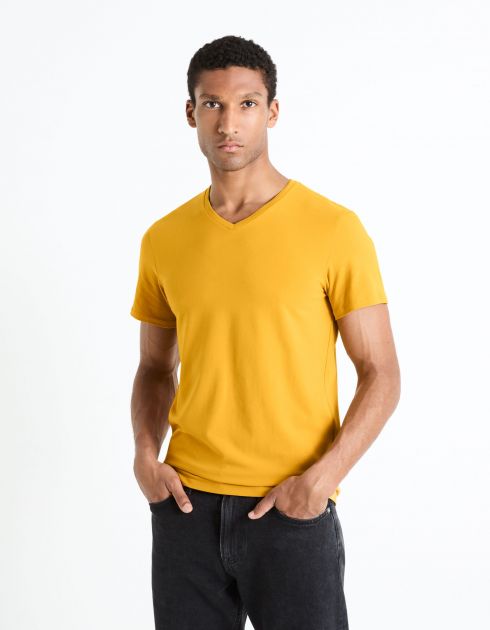 T-shirt col V coton stretch - jaune