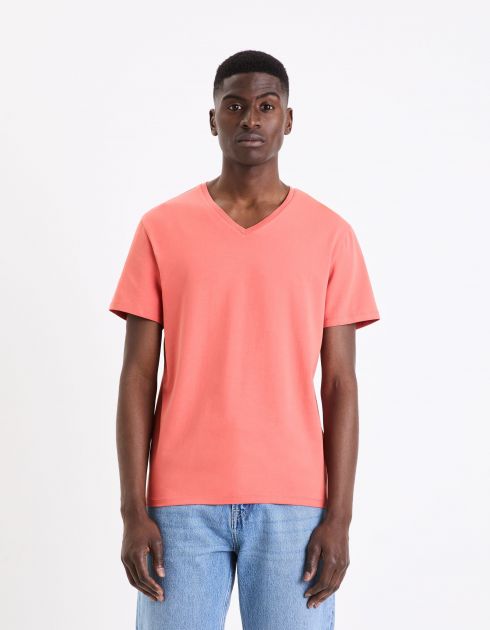 T-shirt col V coton stretch - bois de rose