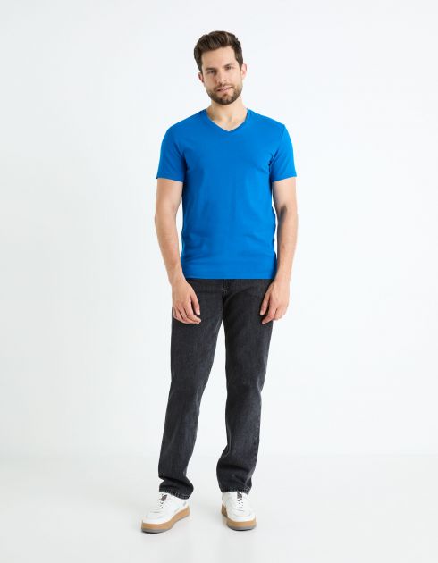T-shirt col V coton stretch - bleu