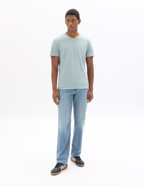 T-Shirt slim col V en coton stretch - bleu