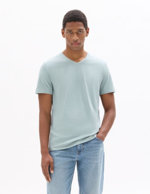 T-Shirt slim col V en coton stretch - bleu