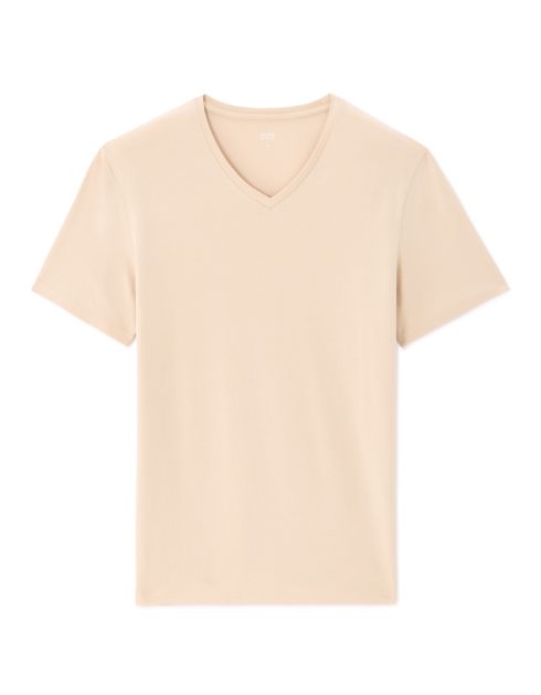 T-shirt slim col V en coton stretch - beige