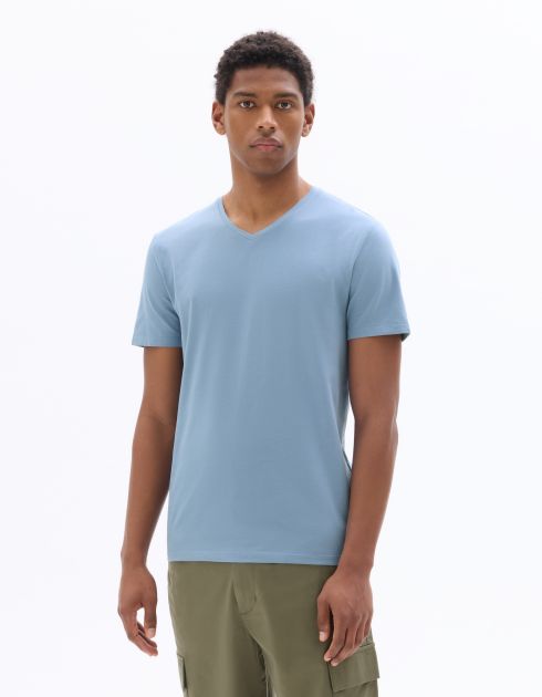 T-Shirt slim col V en coton stretch - bleu délavé