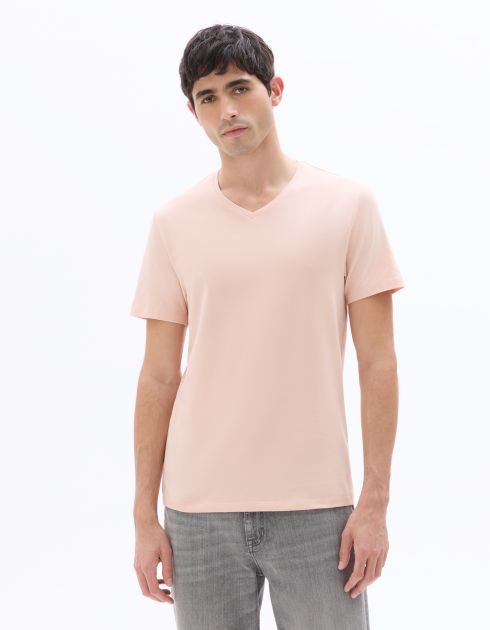 T-Shirt slim col V en coton stretch - rose