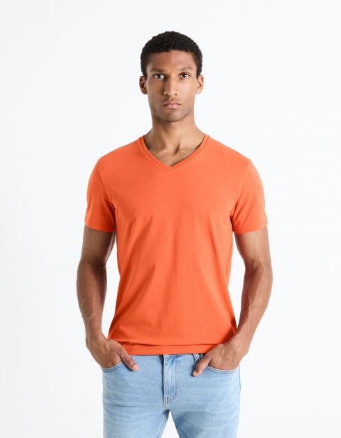 T-shirt col V coton stretch - orange