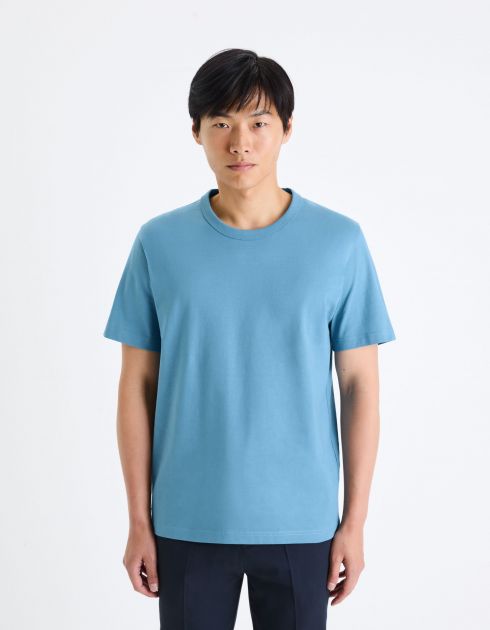 T-shirt à col rond boxy en coton - bleu