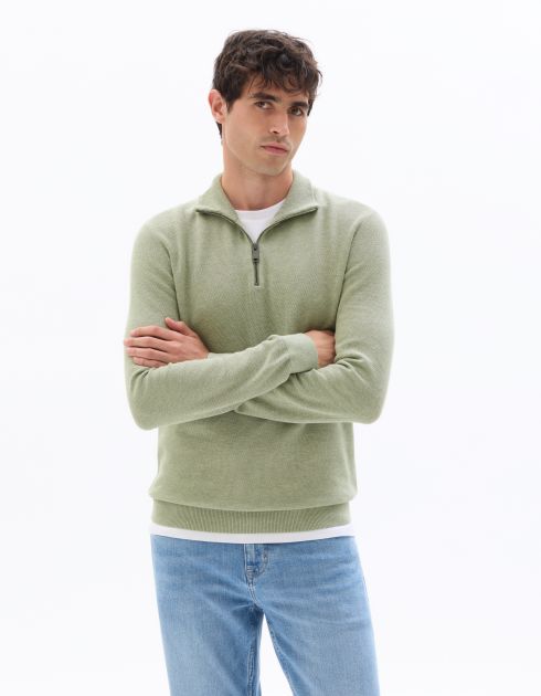 Pull à col camionneur zippé coupe slim en 100% coton - vert