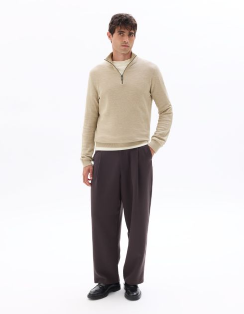 Pull col camionneur zippé slim 100% coton - beige