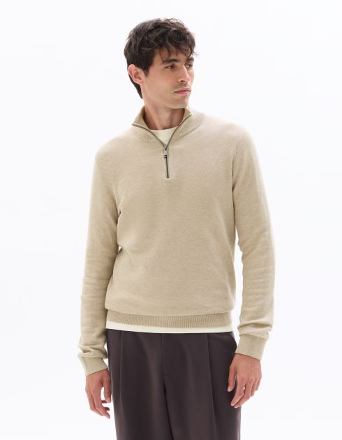 Pull col camionneur zippé slim 100% coton - beige