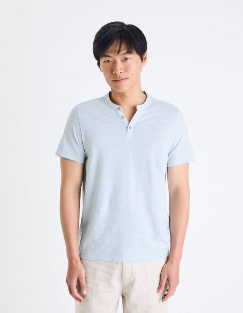 T-shirt col henley en coton mélangé - bleu clair