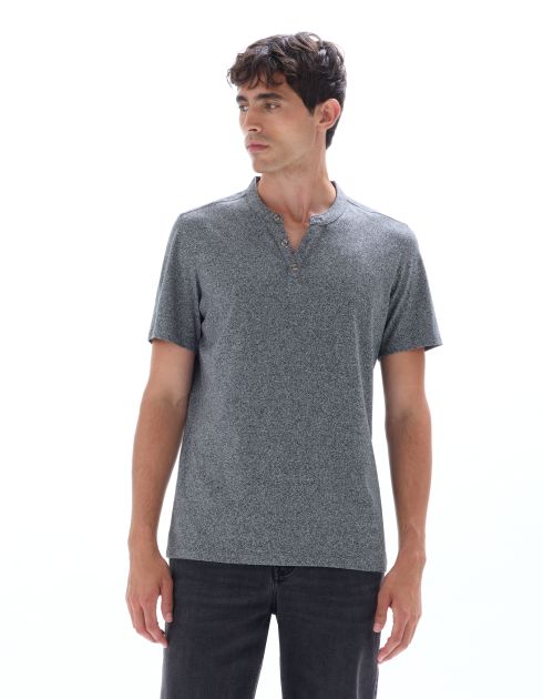 T-shirt regular col tunisien coton mélangé - blanc et noir