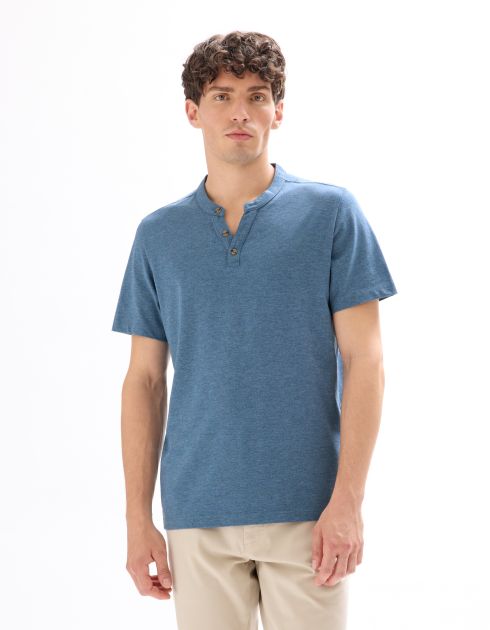T-shirt regular col tunisien coton mélangé - gris bleu