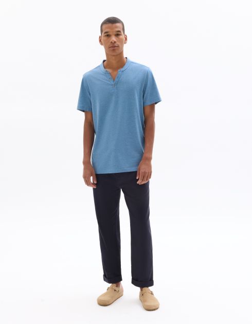 T-shirt regular col tunisien coton mélangé - bleu