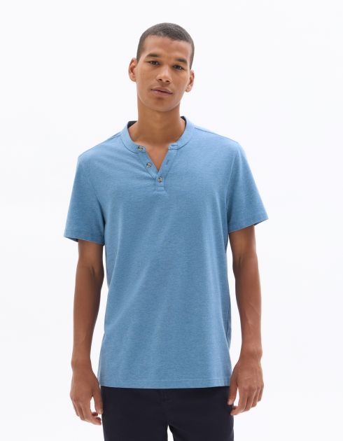 T-shirt regular col tunisien coton mélangé - bleu