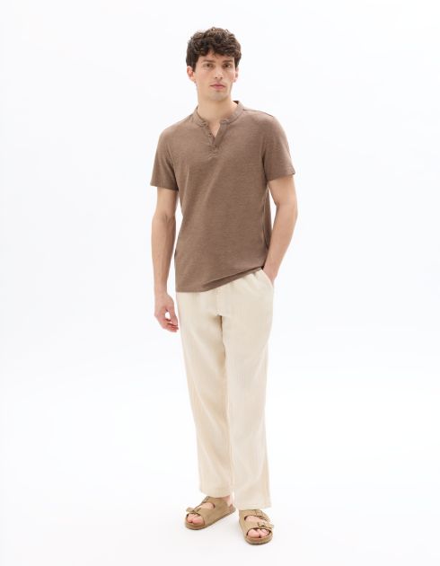 T-shirt regular col tunisien coton mélangé - marron