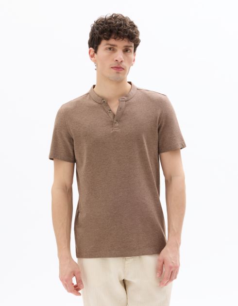 T-shirt regular col tunisien coton mélangé - marron