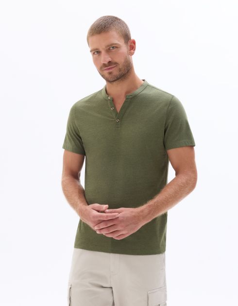 T-Shirt regular col tunisien coton mélangé - vert