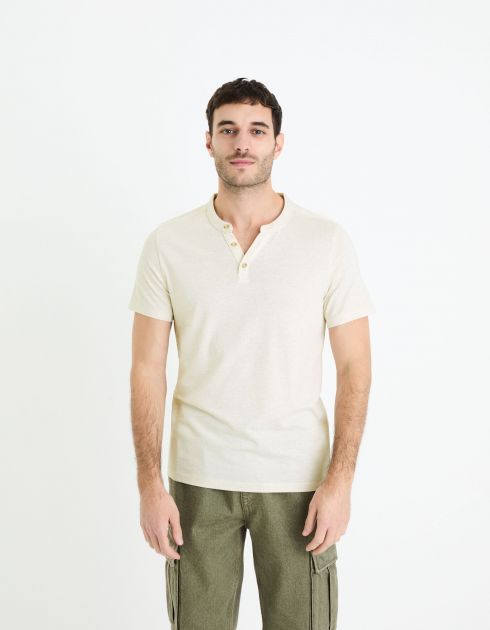 T-shirt col henley coton mélangé - blanc
