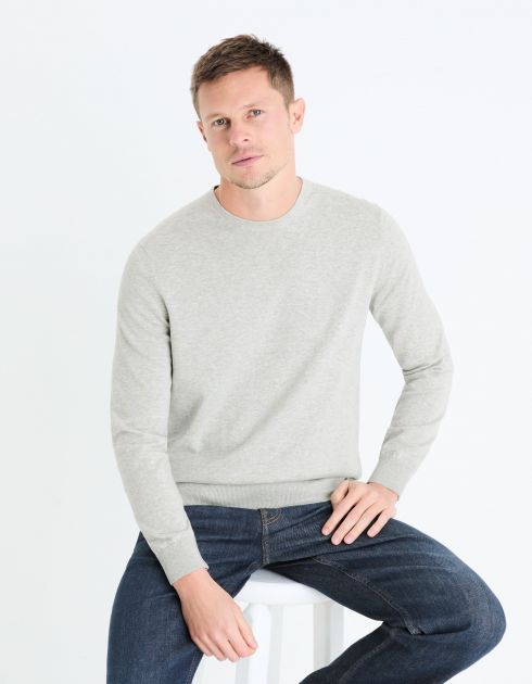 Pull col rond 100% coton - gris clair